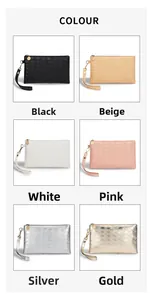 Quilted zipper clutch bags shown in six colors with metallic zipper pull and wristlet