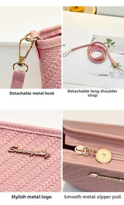 Détails du sac seau rose avec texture tissée et finitions métalliques dorées