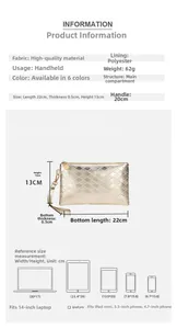 Detailed size chart for quilted clutch bag with dimensions and phone compatibility
