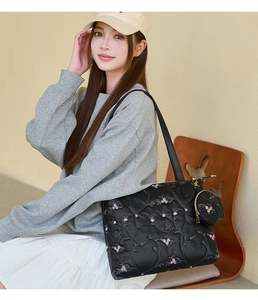 Detail of embroidered floral patterns on black quilted tote with small round coin purse