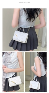 Three views of model wearing a white quilted crossbody bag with gold chain strap