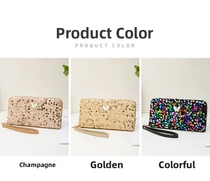 Three sequined long butterfly wallets in champagne, golden, and multi-color with wristlets