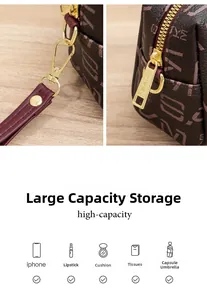 Detail of metal zipper and leather strap on vintage letter print clutch bag for women