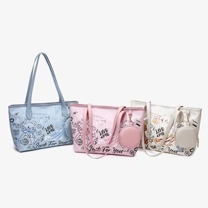 Sac Cabas En Cuir PU Imprimé Ours Graffiti Et Pochette Ronde Assortie Sac À Main De Rue À Grande Capacité Pour Femmes