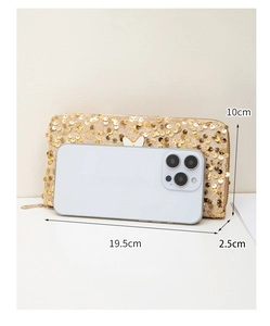 Detailed dimensions of long gold sequin wallet with white bow showing 19.5cm length