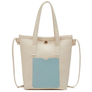 Sac seau minimaliste en cuir PU beige avec poche bleu clair et boucle dorée