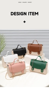 Five assorted woven straw crossbody bags with colorful PU flaps and gold chain straps