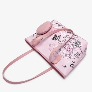 Grand cabas rose à imprimé graffiti ours et cœur avec porte-monnaie assorti