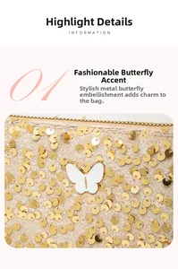 Detail of sequin evening bag featuring a gold butterfly buckle and premium zipper