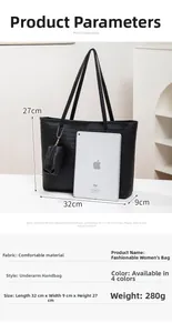 Size chart for woven tote bag showing 32x27x9 cm dimensions and fabric specifications