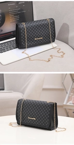 Detail of grey monogram flap crossbody bag with gold Sunnycity logo and chain strap