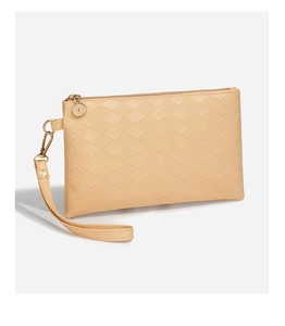 Detail of beige quilted faux leather wallet with gold zipper and detachable wristlet