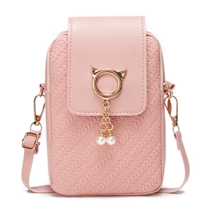 Mini sac bandoulière rose pour téléphone avec breloque perle et anneau chat doré