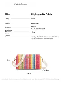 Detail view of woven striped crossbody bag with dimensions and wide white shoulder strap