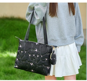 Detail of black quilted shoulder bag with floral embroidery and small round pouch