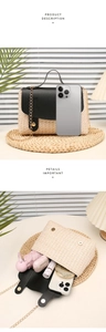 Detailed view of woven crossbody bag showing interior capacity for phone and cosmetics