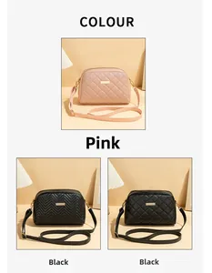 Three quilted crossbody bags in pink and black textures with adjustable straps and metal details