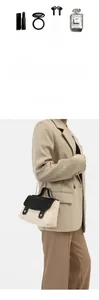 Detail view of woven bag capacity with essentials and model styling in two-part composition