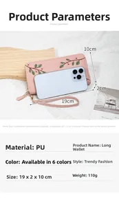 Detailed view of pink floral embroidered long wallet with size guide and strap