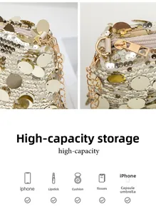 Detailed views of sequined chain bag showing capacity for phone and cosmetics