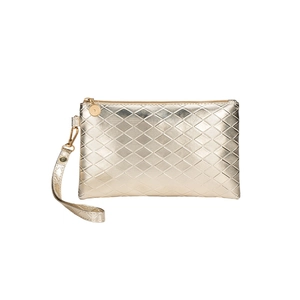 Mini golden quilted clutch bag with metallic faux leather texture and wristlet strap