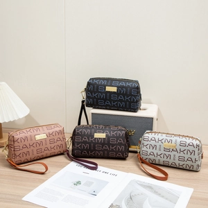 Vintage Letter Print PU Leather Clutch Bag With Wristlet Strap Monogram Zipper Makeup Organizer Pouch
