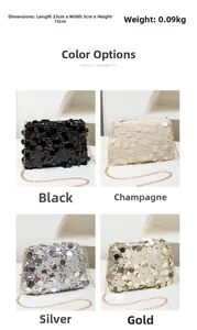 Detail view of sparkly sequin crossbody bag with gold chain strap and size parameters