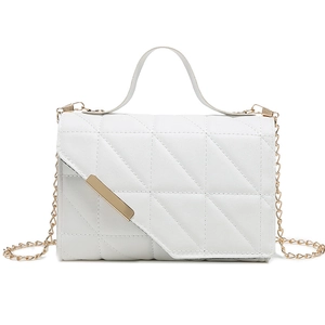 White quilted faux leather crossbody bag for women with gold chain strap and metal trim