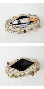 Detail view of gold sequin mini bag showing interior capacity for phone and tissues