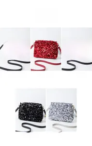 Detailed grid showing colorful sequined crossbody bags in gold, red, purple, black, silver