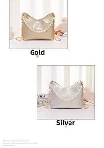 Vergleich von gesteppten PU-Taschen in Gold und Silber mit Perlen griff und Kettenriemen