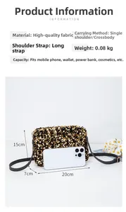 Size comparison of a sequin crossbody bag next to a smartphone showing compact interior space
