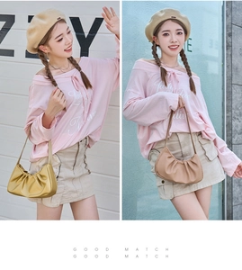 Detail of ruched cloud bags in yellow and beige with faux leather texture for women
