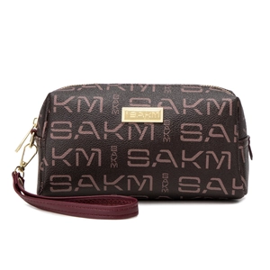 Classic vintage brown monogram clutch bag with gold logo and red leather wrist strap