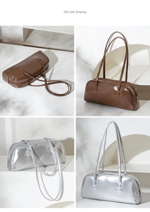 Vues détaillées des sacs baguette marron foncé et argentés avec doubles bretelles fines