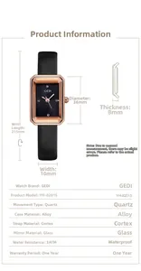 Detaillierte Abmessungen und technische Daten dieser eleganten schwarzen rechteckigen Uhr