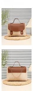 Front and back view of a straw messenger bag with brown leather flap and gold chain