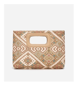 Detail of geometric pattern on woven canvas tote bag with cutout handle and leather trim