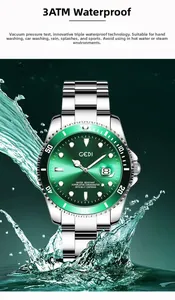 Detail shot of green bezel business watch showing 3ATM waterproof splash effects