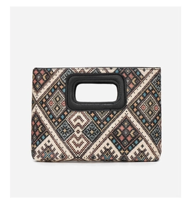 Detail of woven jacquard clutch bag with colorful geometric patterns and black handle