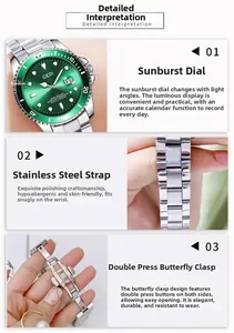 Detail view of green sunray dial, stainless steel strap and butterfly clasp on watch