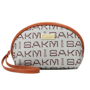 Mini sac à main semi-circulaire avec motif monogramme gris et marron et dragonne amovible