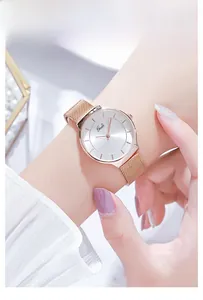 Gros plan d'une montre à bracelet en maille rose doré avec cadran argenté au poignet