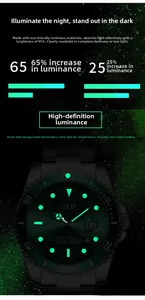 Luminous detail of luxury dive watch hands and markers glowing in low light conditions