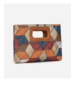 Detail of color-block tote bag featuring textured faux leather and cutout handle design