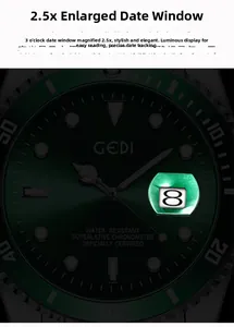 Macro view of luminous green dial watch featuring 2.5x date magnifier window