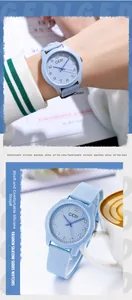 Close-up of light blue Gedi quartz watch with silicone strap and numeric dial detail