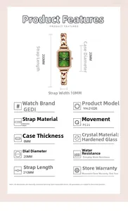 Specifiche dettagliate delle dimensioni per orologio quadrato in oro rosa con quadrante verde