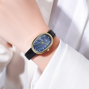 Elegant women's watch with blue mother of pearl dial and black crocodile leather strap