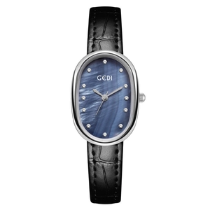 Elegant oval silver ladies watch with blue mother-of-pearl dial and black leather strap